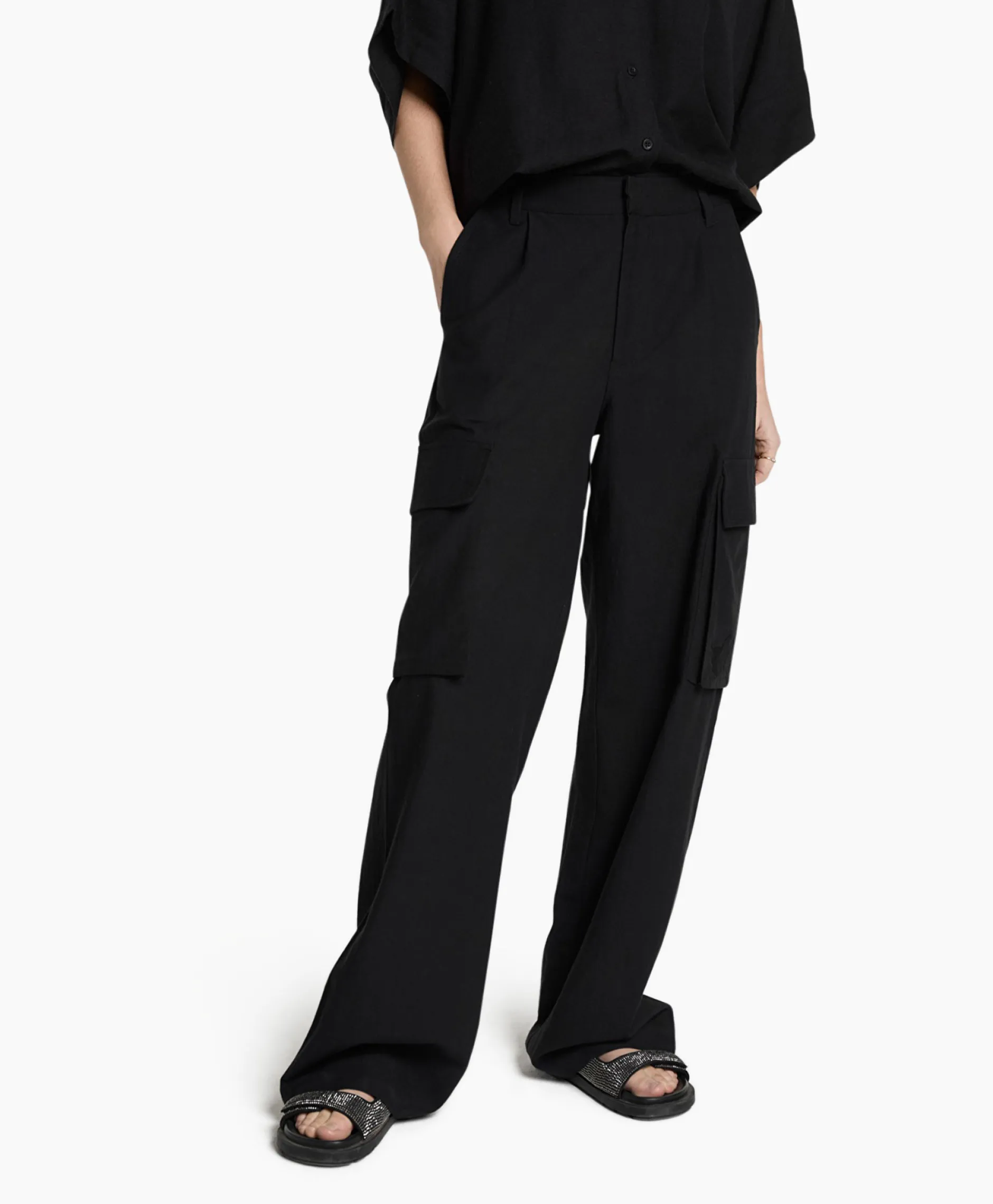 Dames Alix The Label Broeken*Cargobroek Woven Linen Cargo Zwart