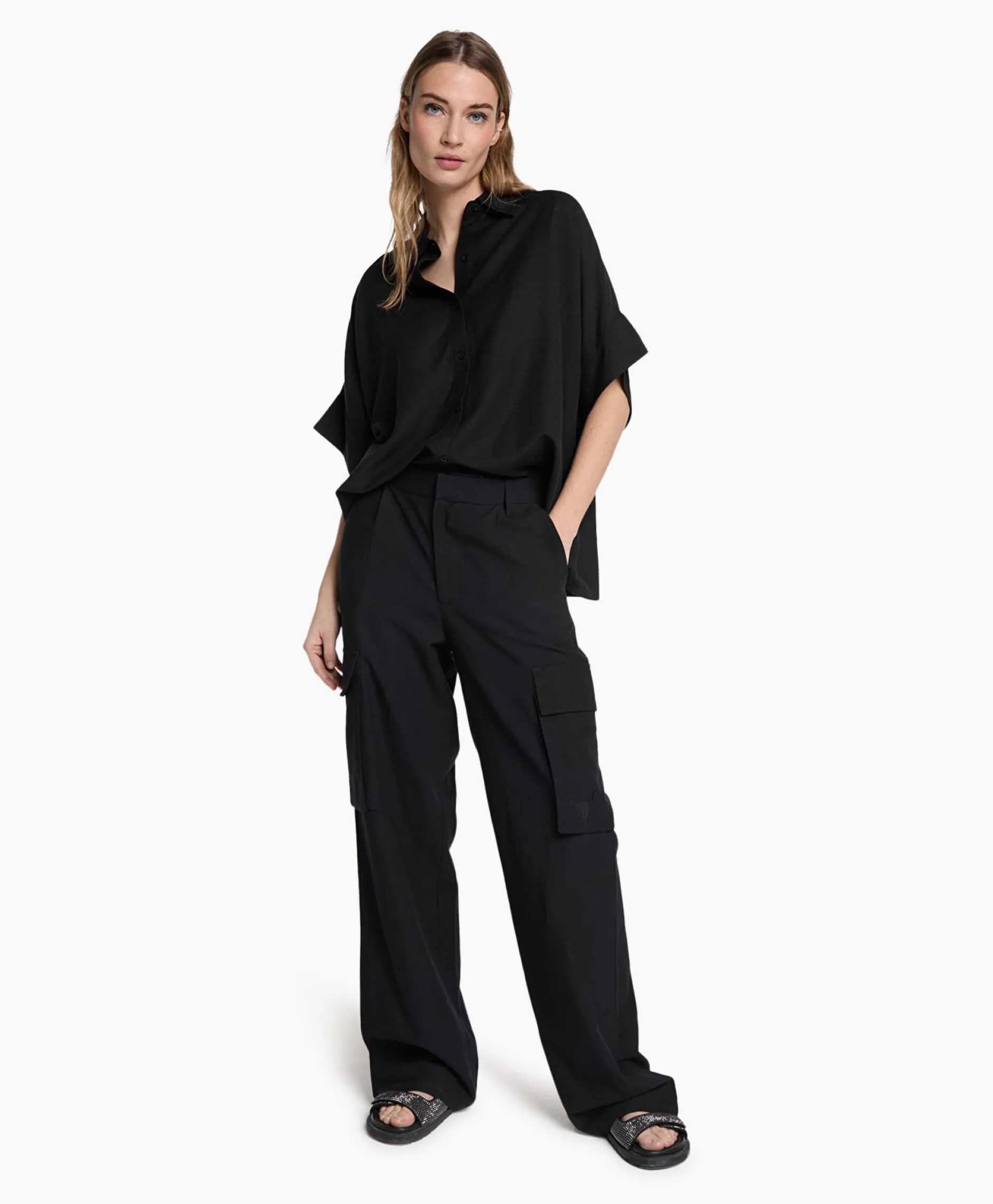 Dames Alix The Label Broeken*Cargobroek Woven Linen Cargo Zwart