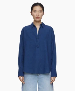 Dames Closed Blouses*Blouse Open Neck Blauw