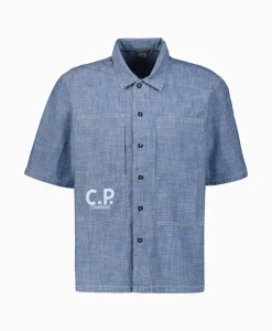 Heren Cp Company T-Shirts*T-Shirt Chambray Short Sleeved Logo Blauw