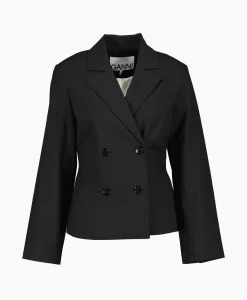 Dames Ganni Blazers*Blazer Drapey Melange Fitted Double Breasted Zwart