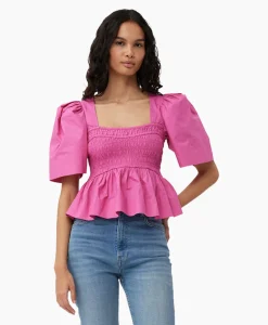 Dames Ganni Blouses*Blouse Cotton Poplin Open-Neck Smock Pink