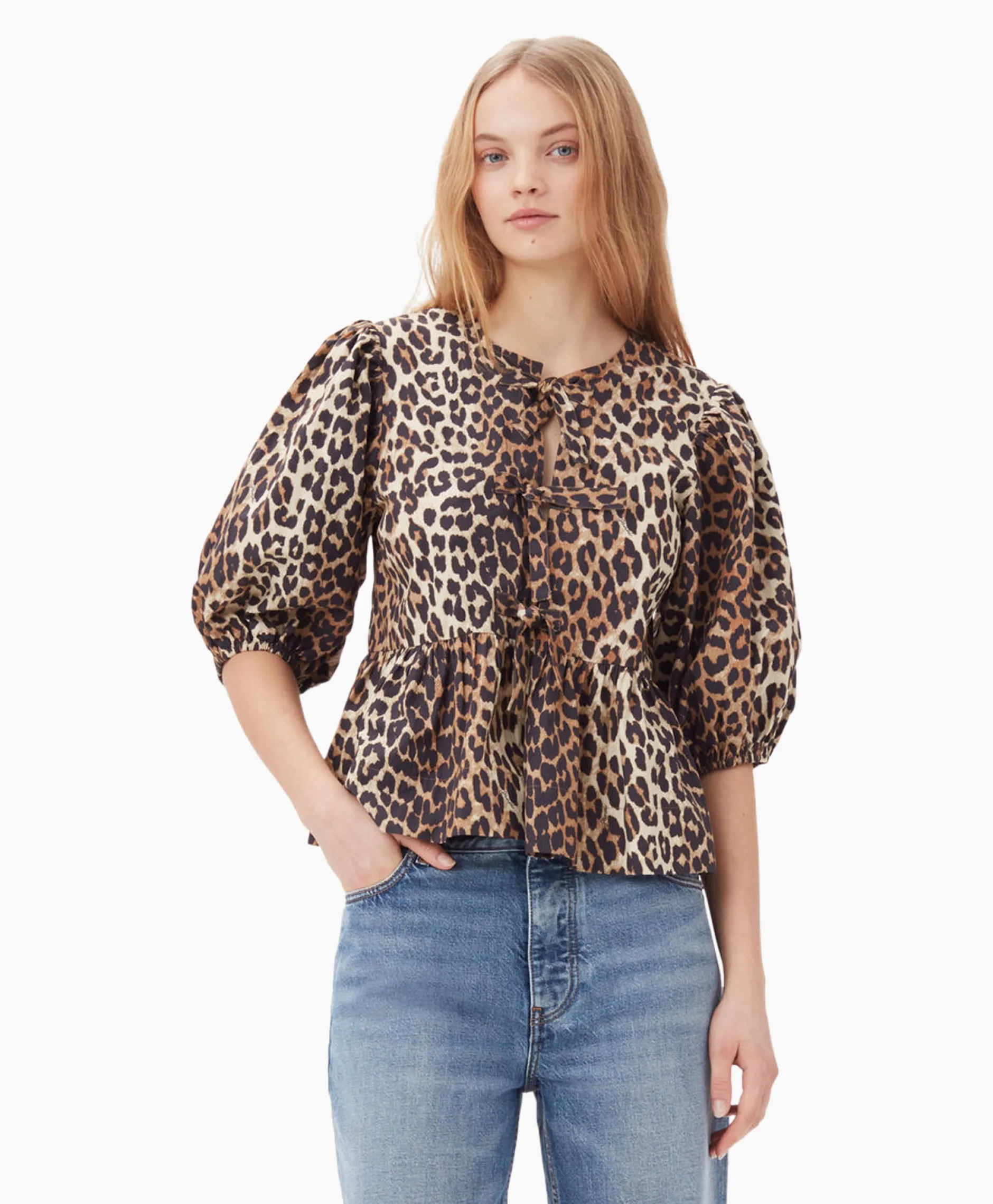 Dames Ganni Blouses*Blouse Printed Cotton Poplin Peplum Bruin