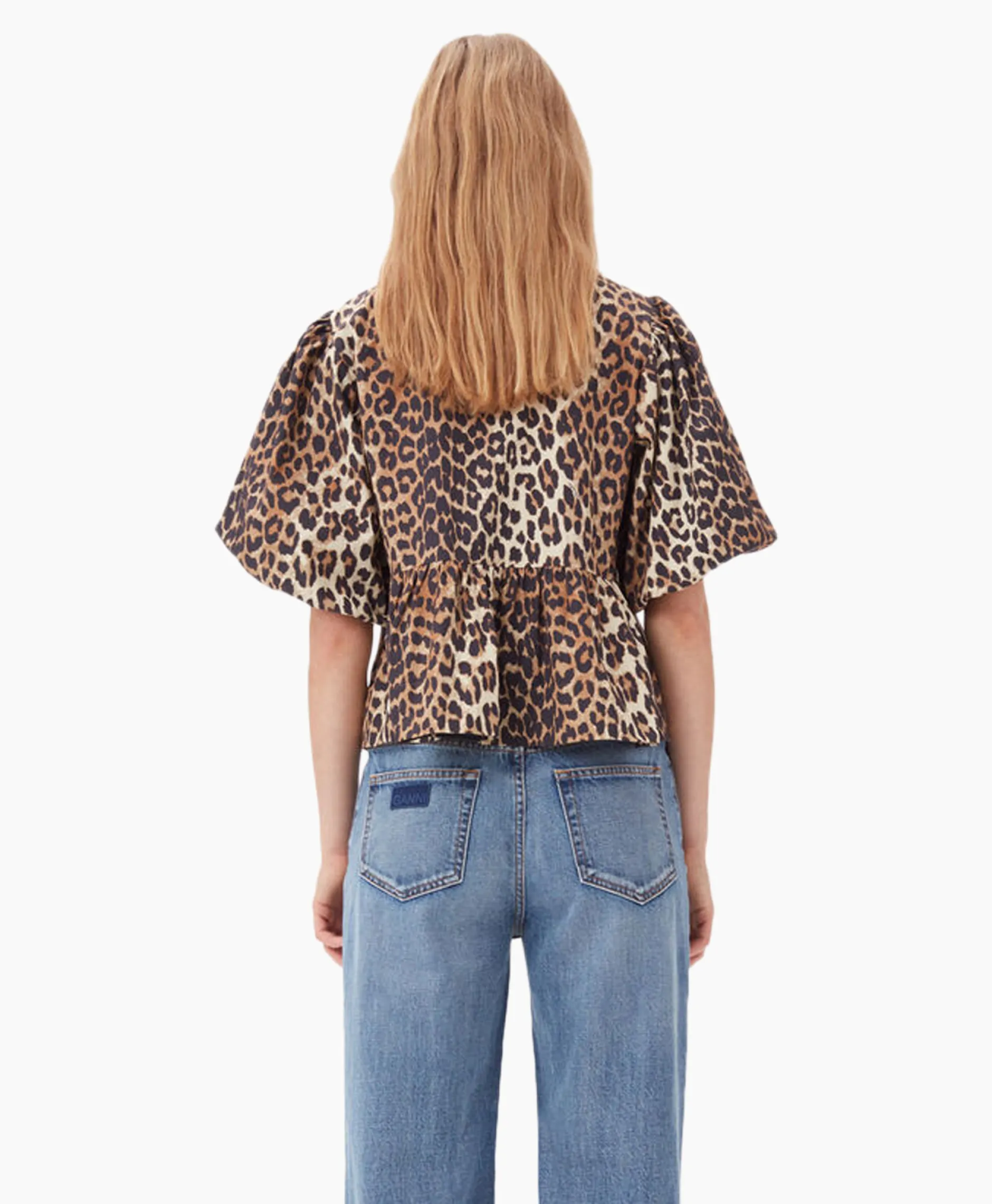 Dames Ganni Blouses*Blouse Printed Cotton Poplin Peplum Bruin