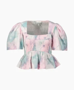 Dames Ganni Blouses*Blouse Printed Cotton Open-Neck Smock Rose