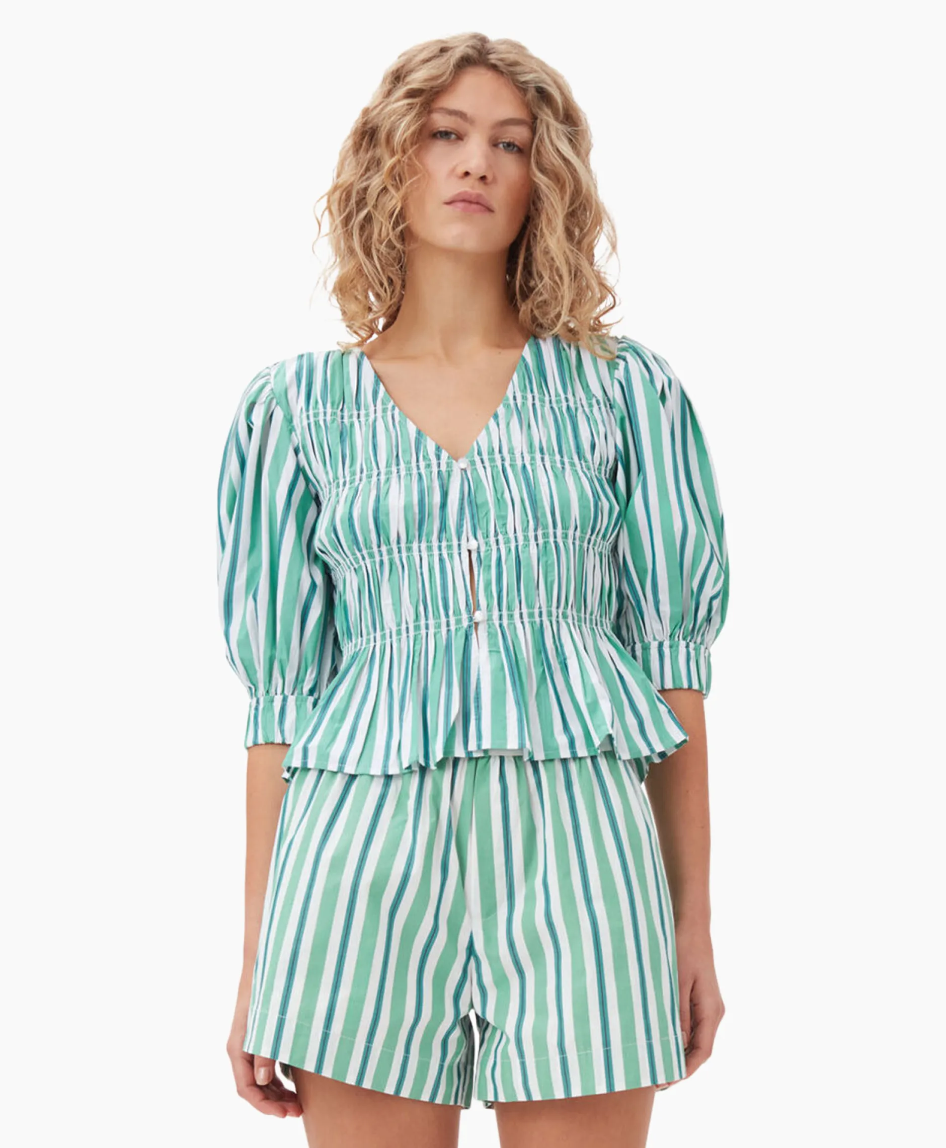 Dames Ganni Blouses*Blouse Stripe Cotton V-Neck Fitted Groen