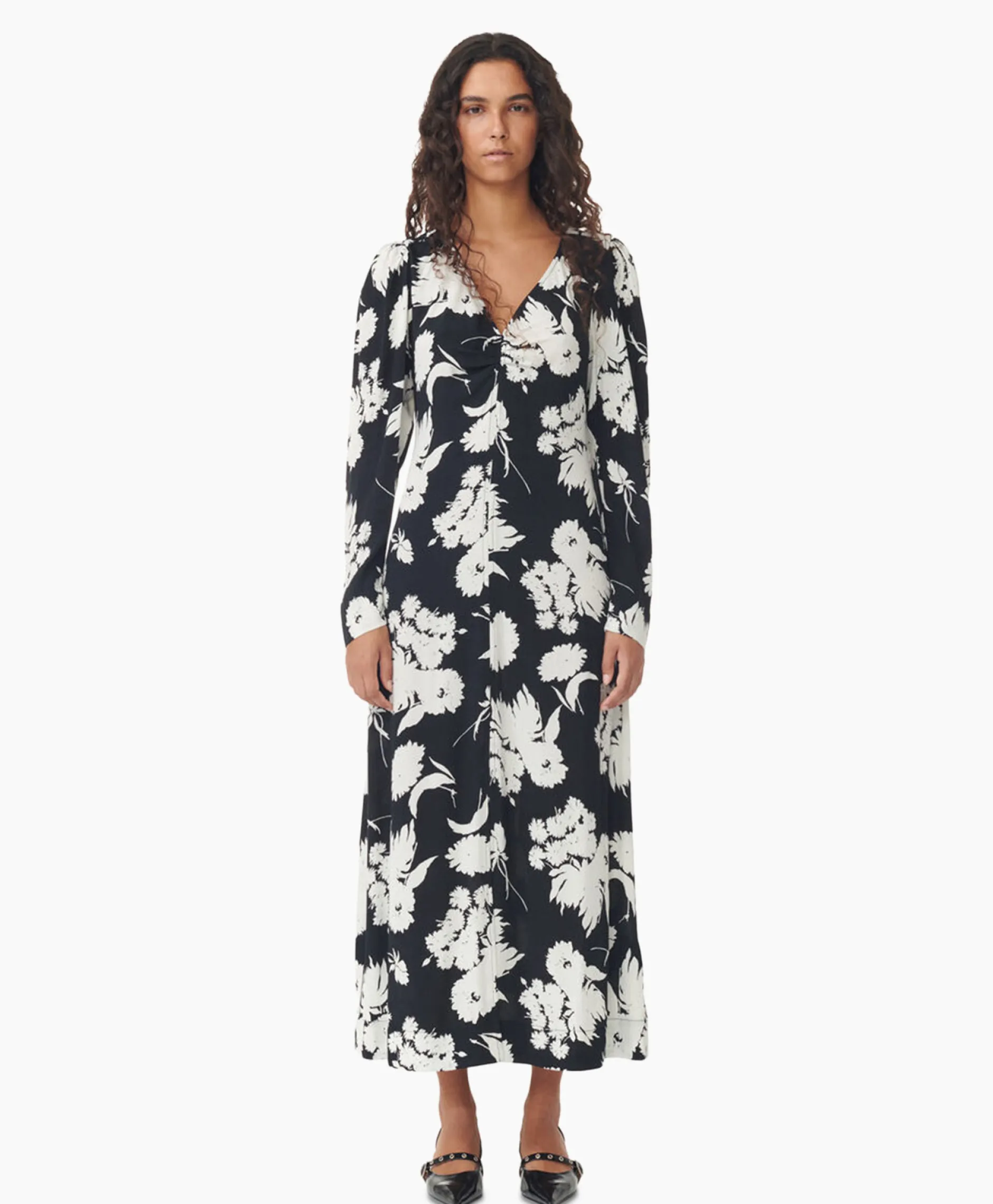 Dames Ganni Jurken*Maxi Jurk Printed Crepe V-Neck Zwart