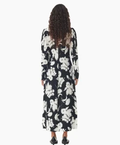 Dames Ganni Jurken*Maxi Jurk Printed Crepe V-Neck Zwart