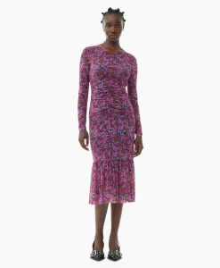 Dames Ganni Jurken*Midi Jurk Printed Mesh Long Sleeve Gathered Roze
