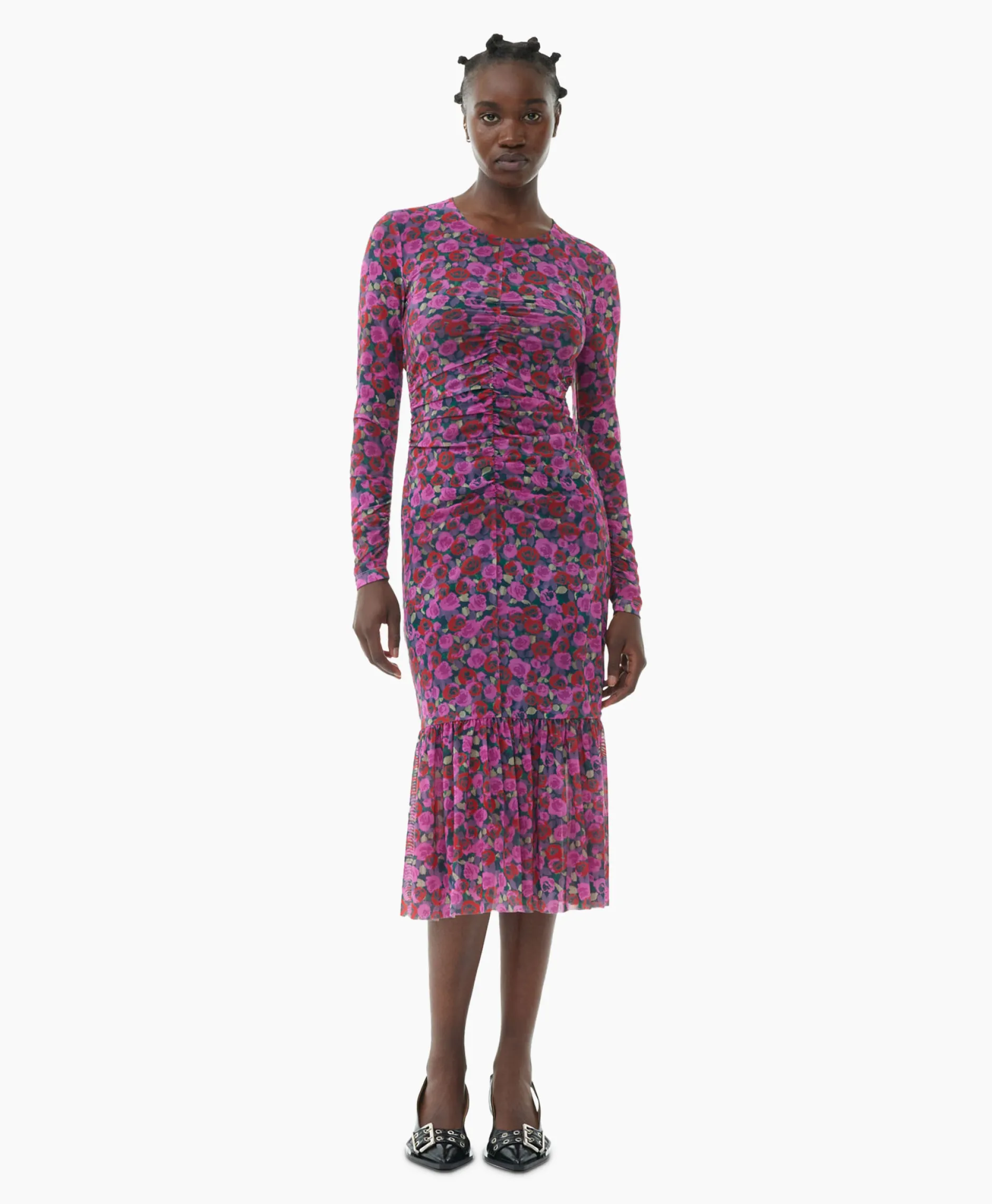 Dames Ganni Jurken*Midi Jurk Printed Mesh Long Sleeve Gathered Roze