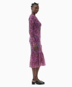 Dames Ganni Jurken*Midi Jurk Printed Mesh Long Sleeve Gathered Roze