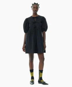 Dames Ganni Jurken*Mini Jurk Cotton Poplin Tie String Zwart