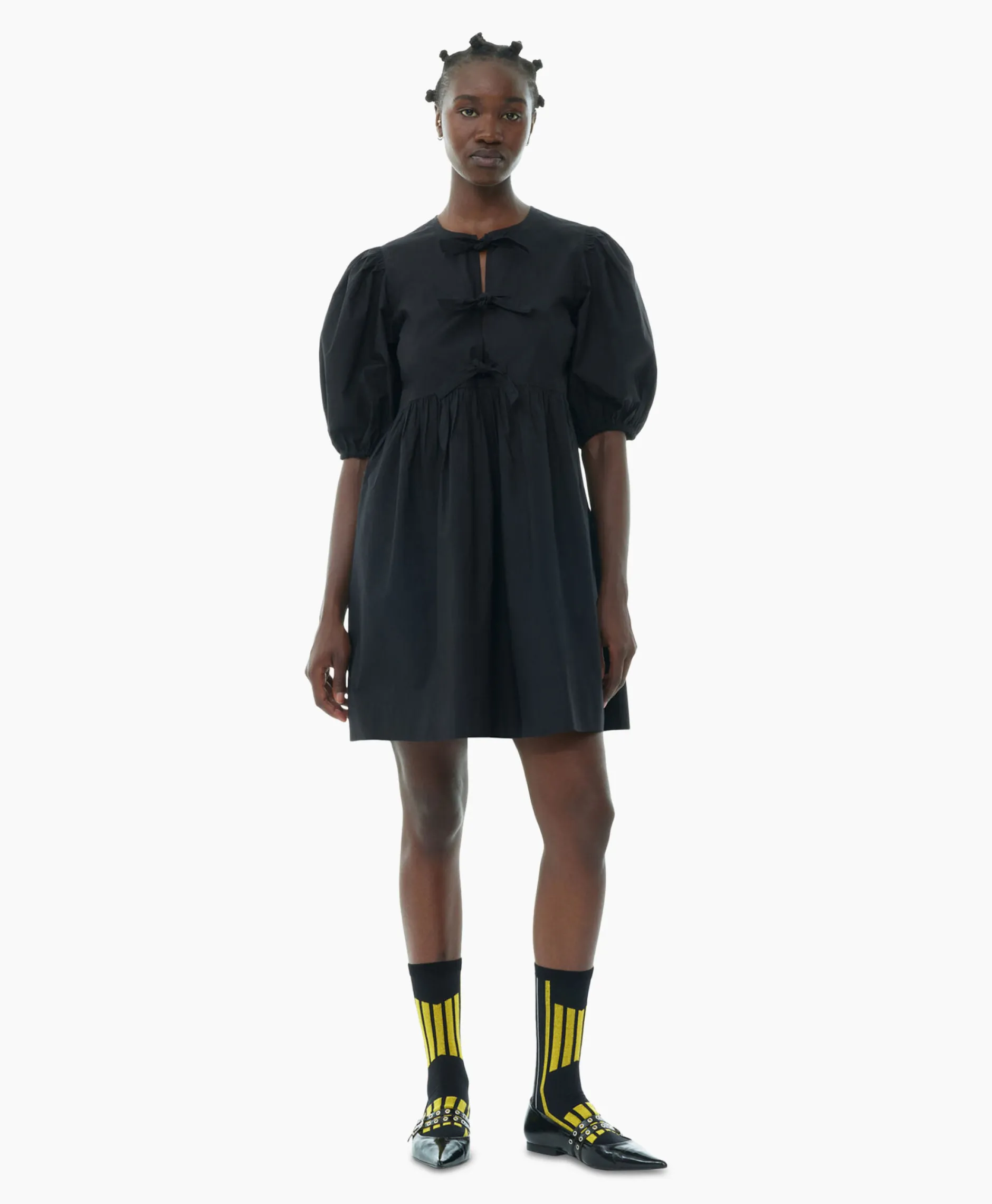 Dames Ganni Jurken*Mini Jurk Cotton Poplin Tie String Zwart