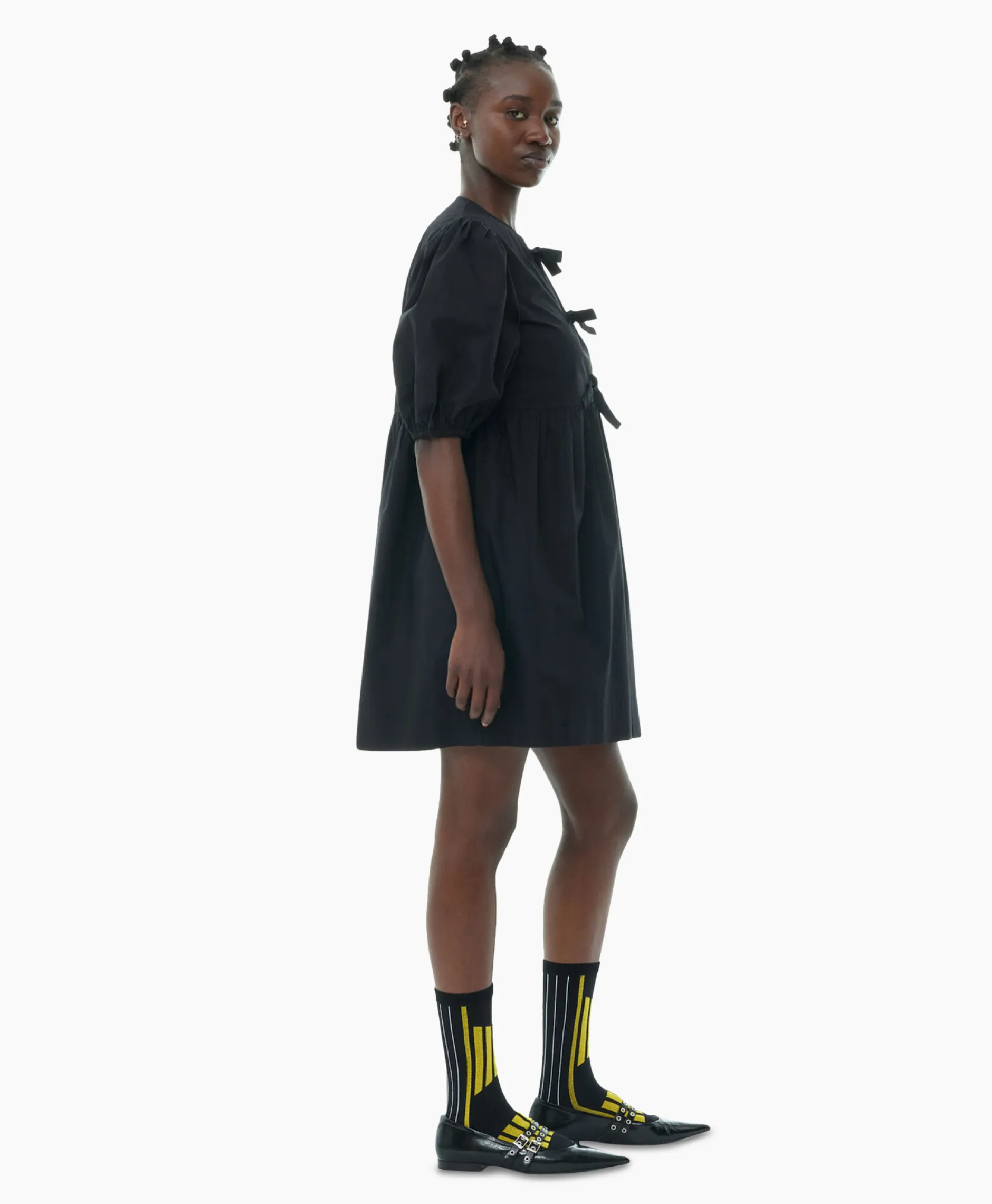 Dames Ganni Jurken*Mini Jurk Cotton Poplin Tie String Zwart