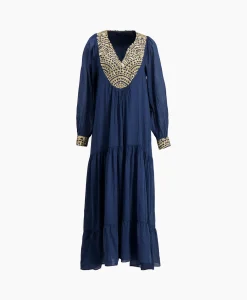 Dames Greek Archaic Kori Jurken*Maxi Jurk Long New All Over Cotton Donker Blauw