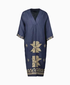 Dames Greek Archaic Kori Bruiloftskleding*Midi Jurk Aeolis V-Neck Donker Blauw