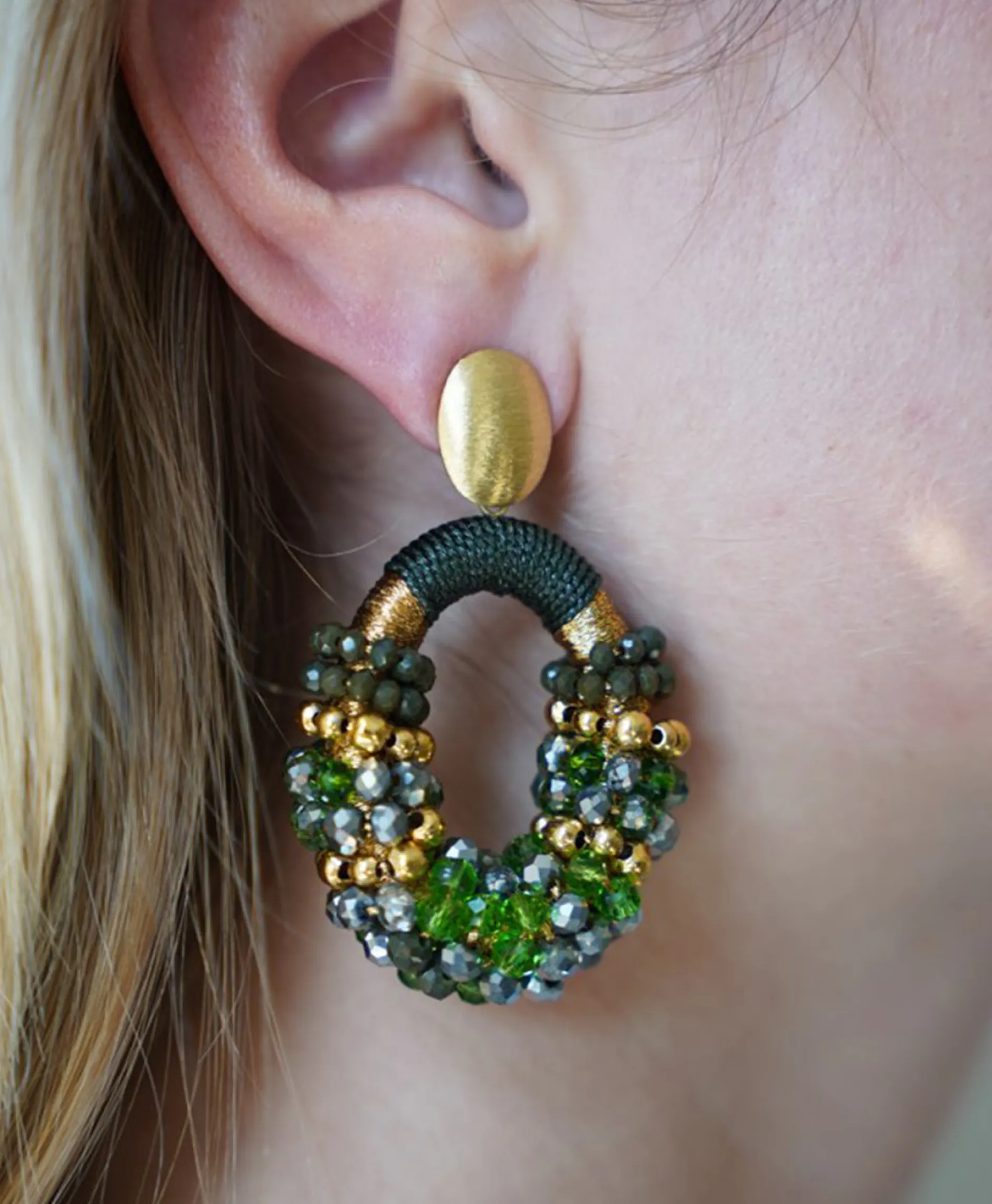 Dames Lott. Gioielli Sieraden*Oorbellen Ce Gb Combi Oval M Gold Stripes Groen