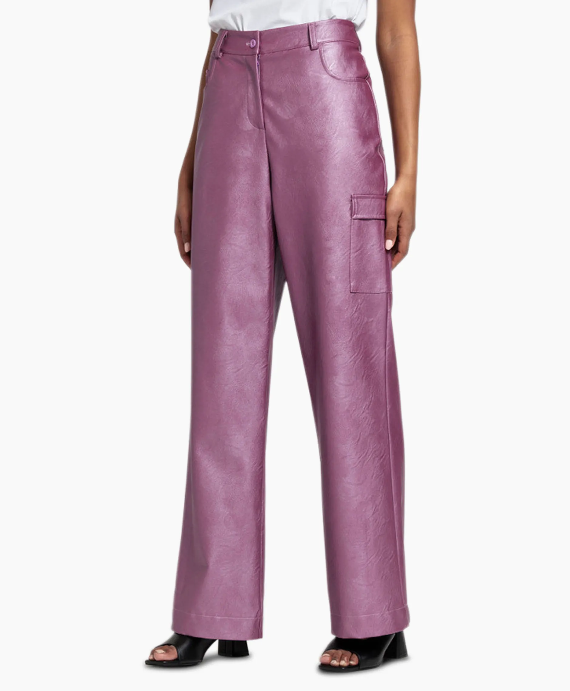 Dames Studio Anneloes Broeken*Broek Selina Metallic Leather Trousers Paars