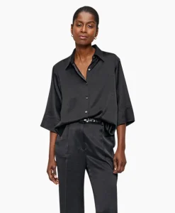 Dames Zenggi Blouses*Blouse Sating Short Sleeve Zwart