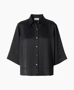 Dames Zenggi Blouses*Blouse Sating Short Sleeve Zwart